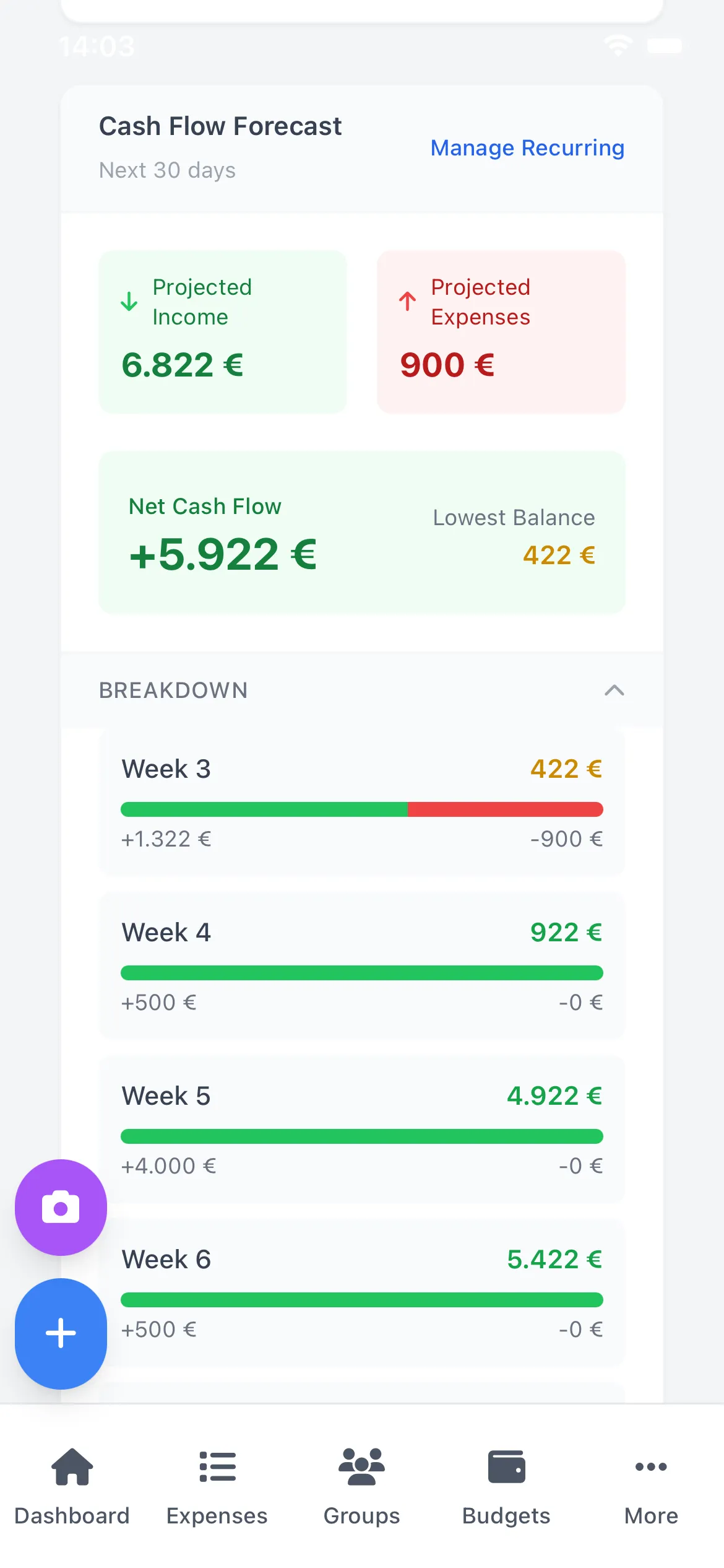 Cash flow forecast showing projected income, expenses, and weekly breakdown