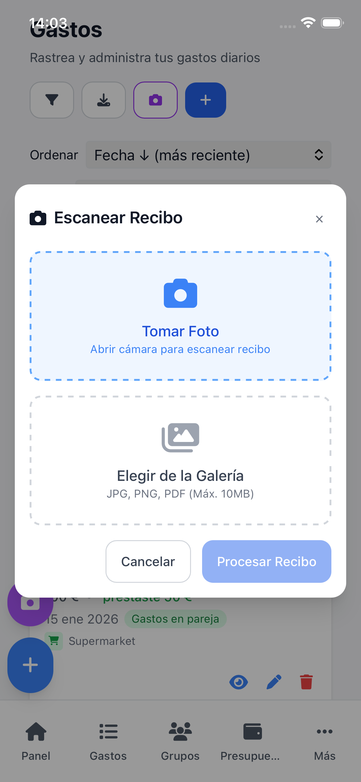 Escaneo de ticket con OCR - ExpenseManager