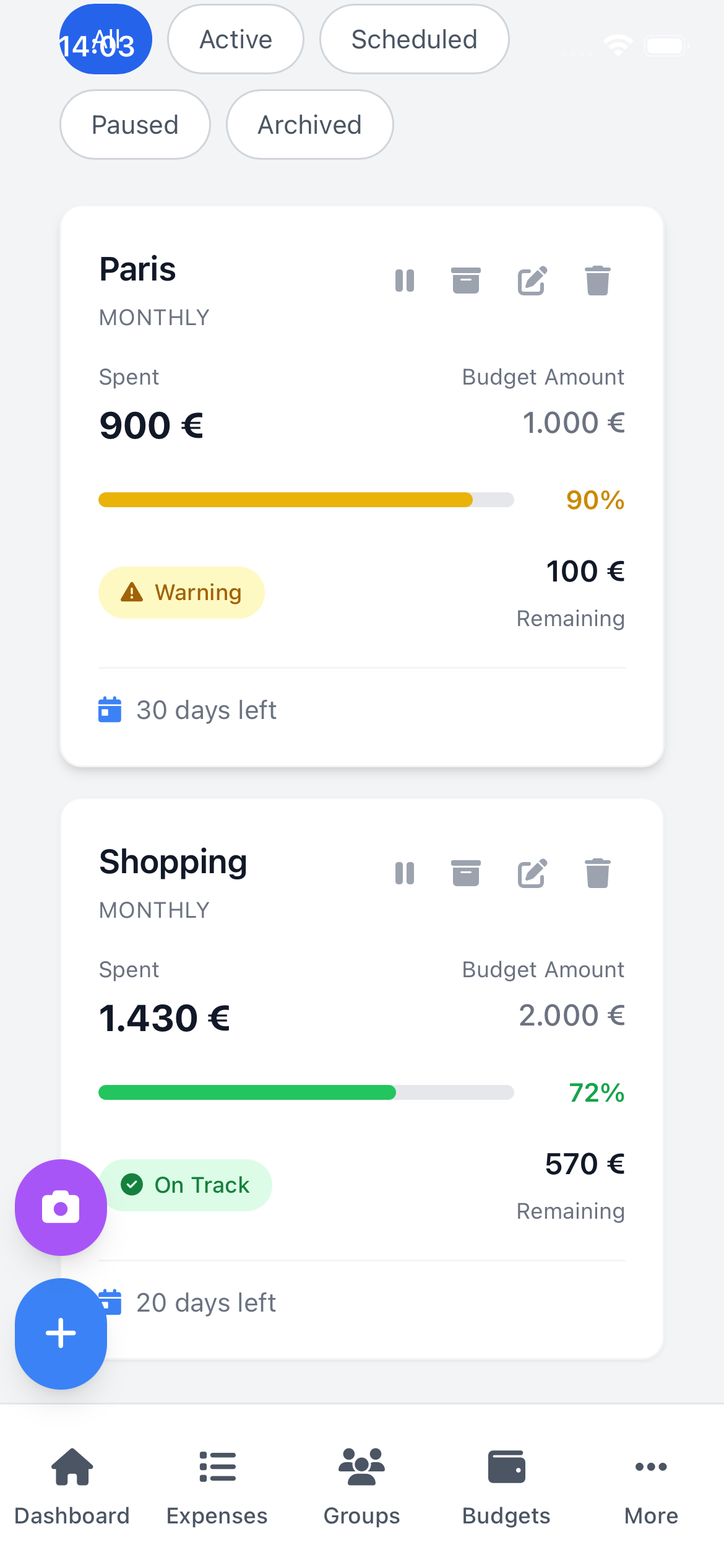 Budget dashboard showing spending categories